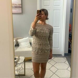 Needle & Thread Dress Embellished Beaded Mini Long Sleeve in Cream Nude